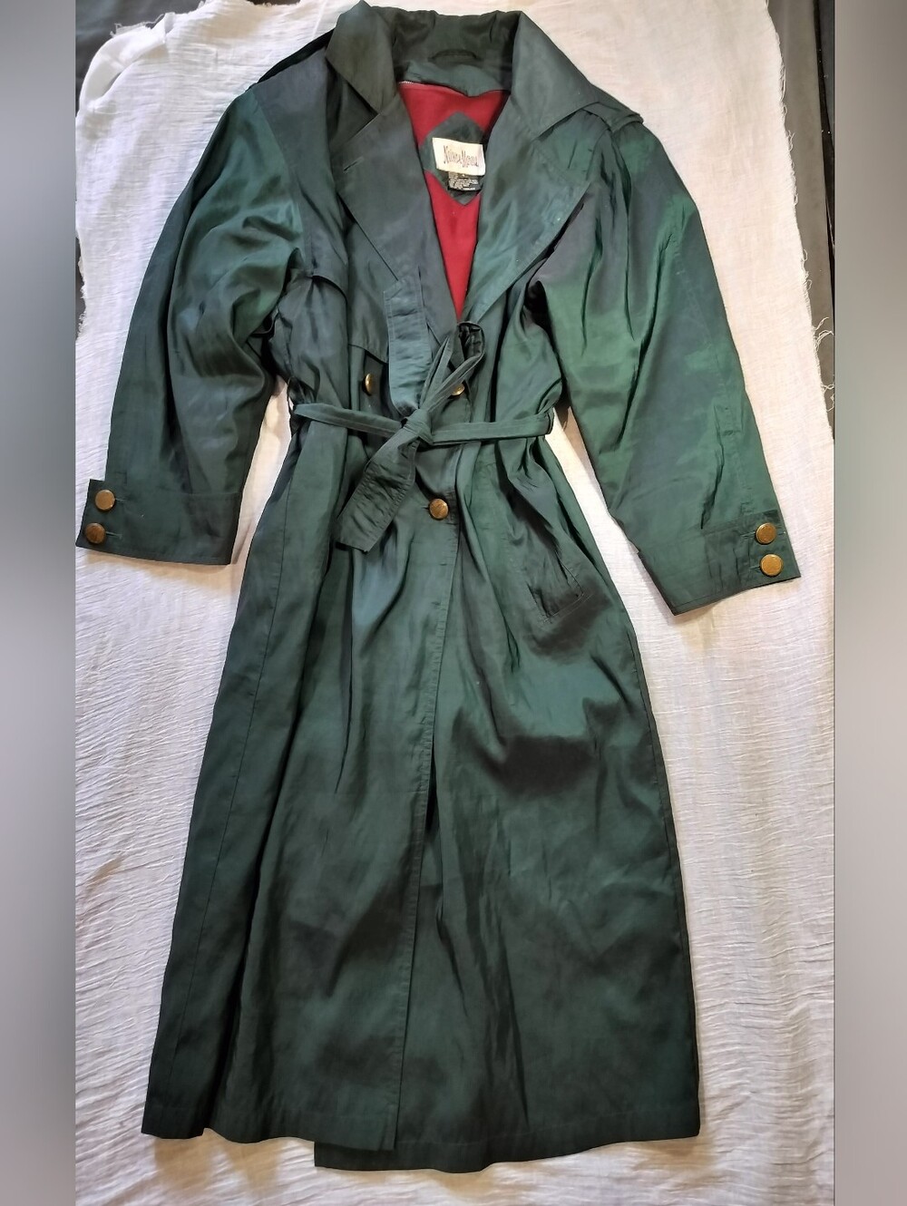 Vintage Neiman Marcus Iridescent Green Shimmer Trench Coat Removable Lining